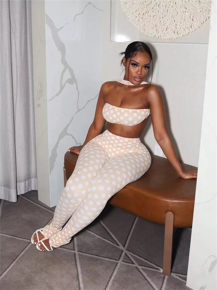 Weird Puss Hottie Polka Dot 2-Piece Set Women Halter Chest Wrapped Backless Top+Ruched Peach Hip Pants Stretch Skinny Clubwear