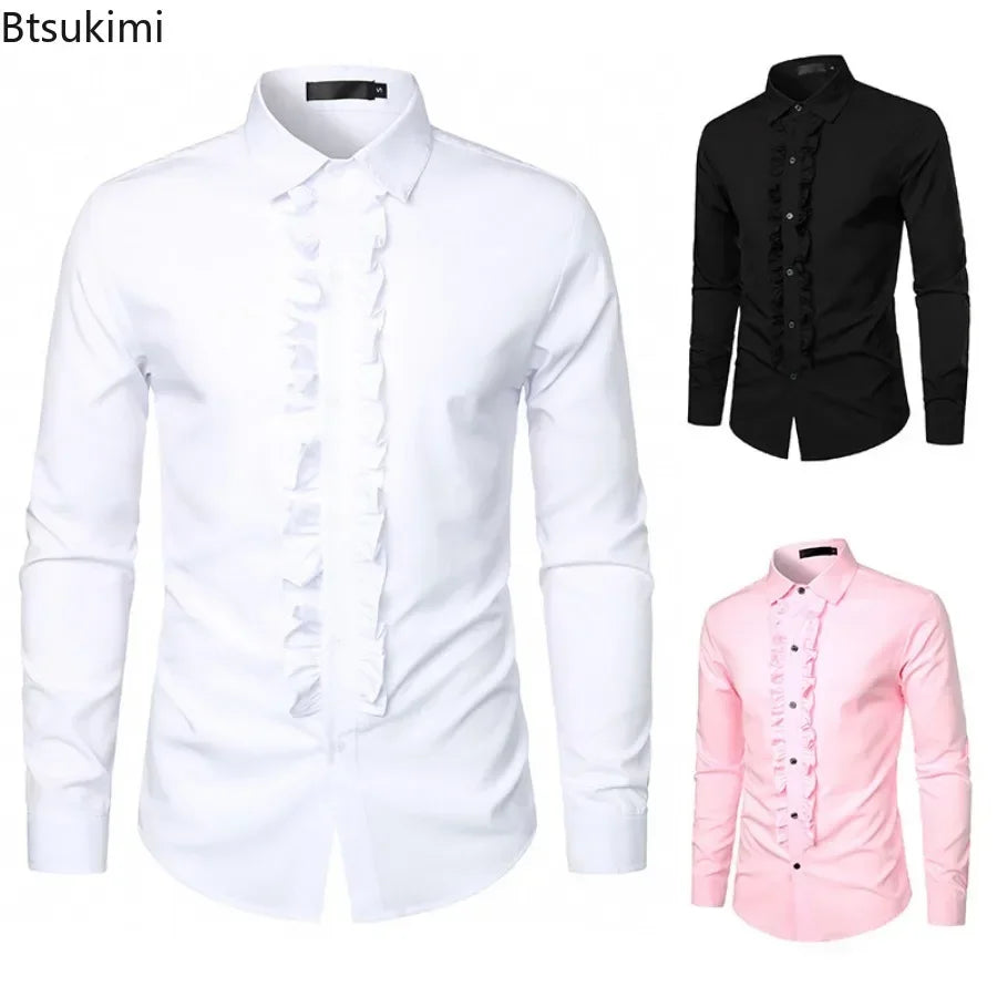 New 2025 Men's Long Sleeve Tuxedo Shirts Fashion Party Wedding Male Dress Shirts Ruffle Pleated Design Solid Shirt Chemise Homme