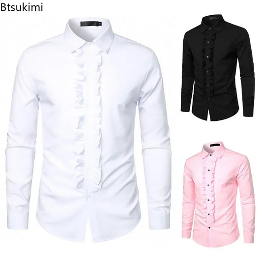 New 2025 Men's Long Sleeve Tuxedo Shirts Fashion Party Wedding Male Dress Shirts Ruffle Pleated Design Solid Shirt Chemise Homme