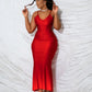 Nibber Red Shiny Spaghetti Strap Maxi Dress Women Solid Sexy Backless Ruched Cleavage Body-shaping Robe Lady Hipster Streetwear