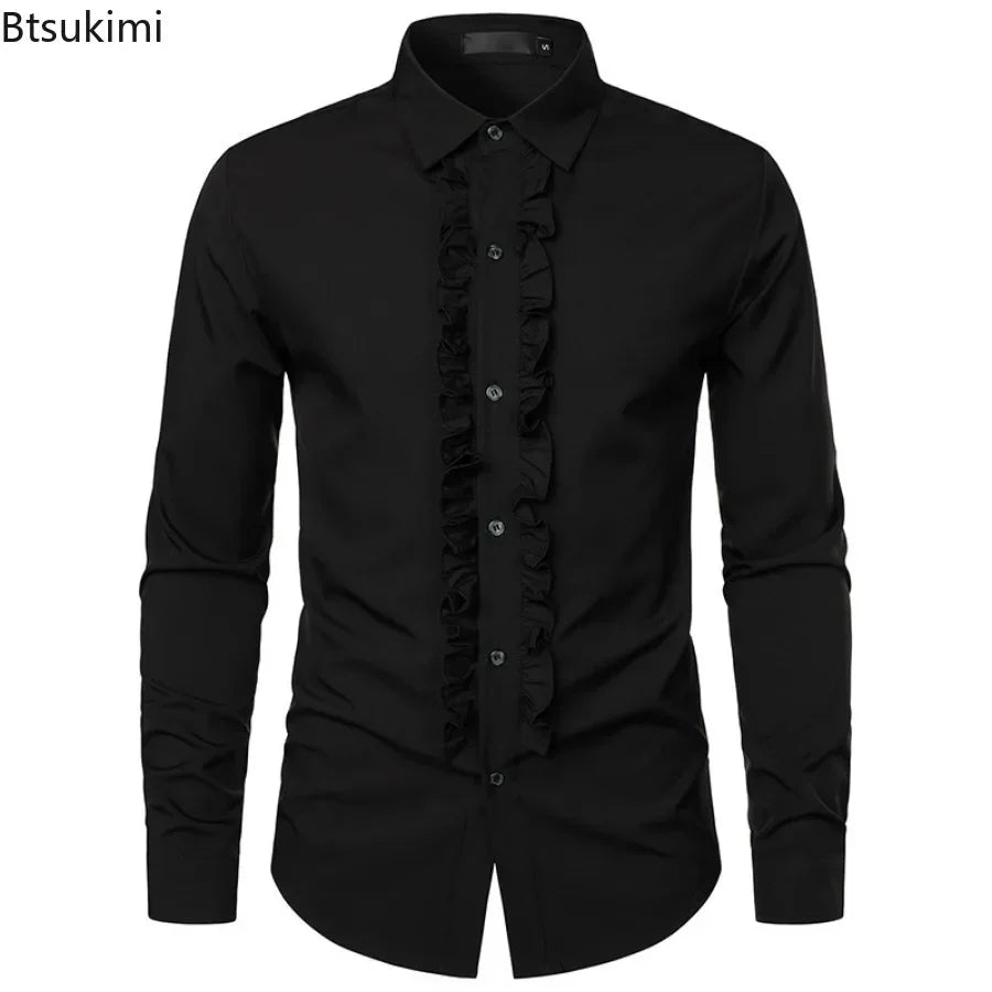 New 2025 Men's Long Sleeve Tuxedo Shirts Fashion Party Wedding Male Dress Shirts Ruffle Pleated Design Solid Shirt Chemise Homme
