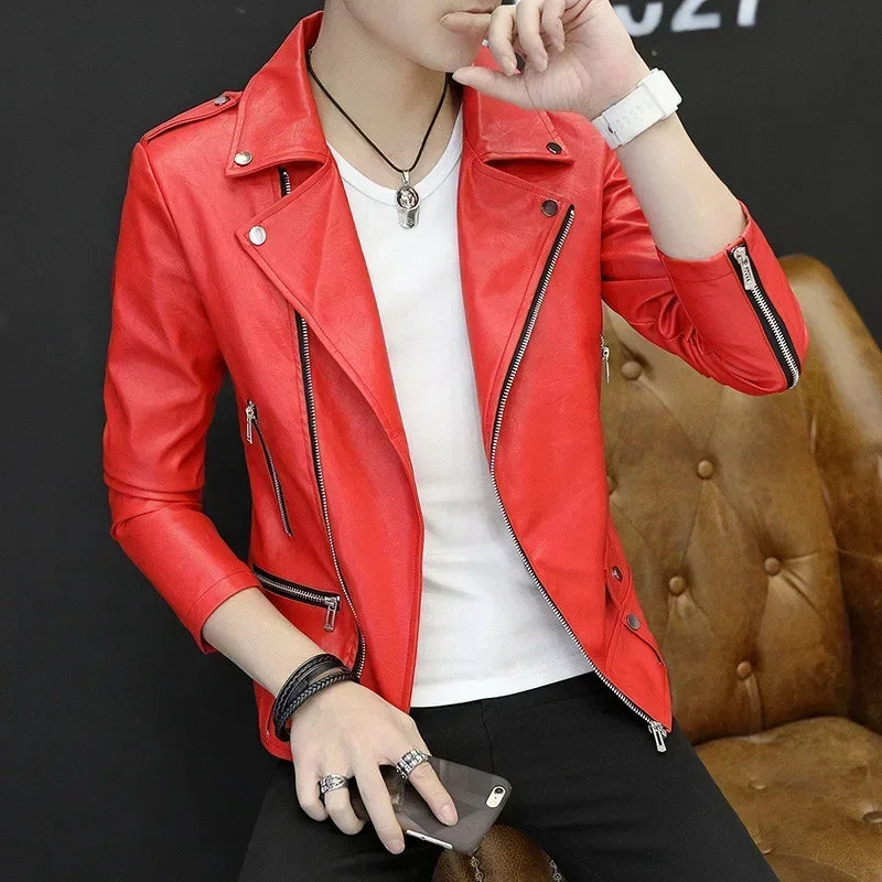 Men Slim Fit Rivet Oblique Zipper Leather Jacket Youth
