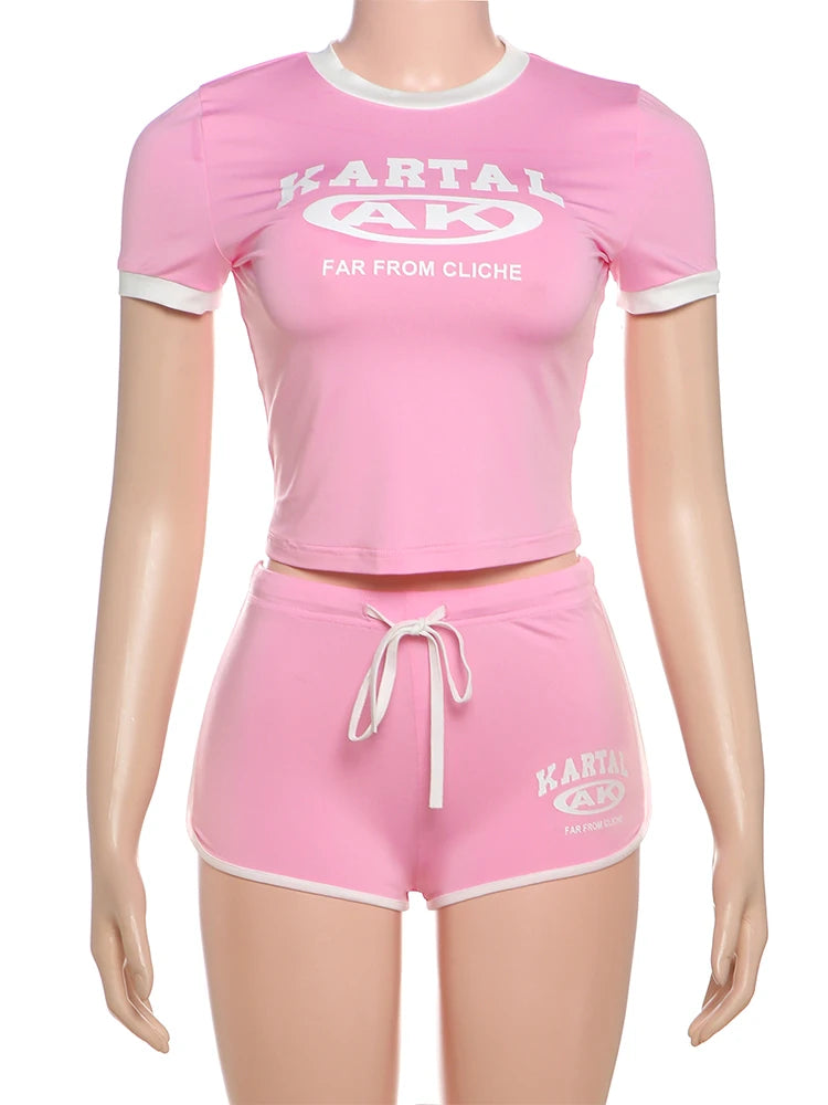 Nibber Tracksuit Letter Print 2 piece Set Women Activity Shorts Sleeve Crop Tops+Biker Shorts Matching Street Stretch Suits