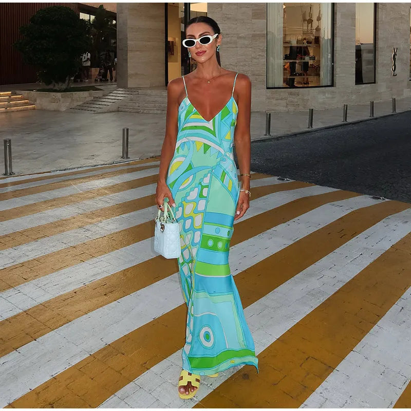 KK Chic Print Sling Long Dress