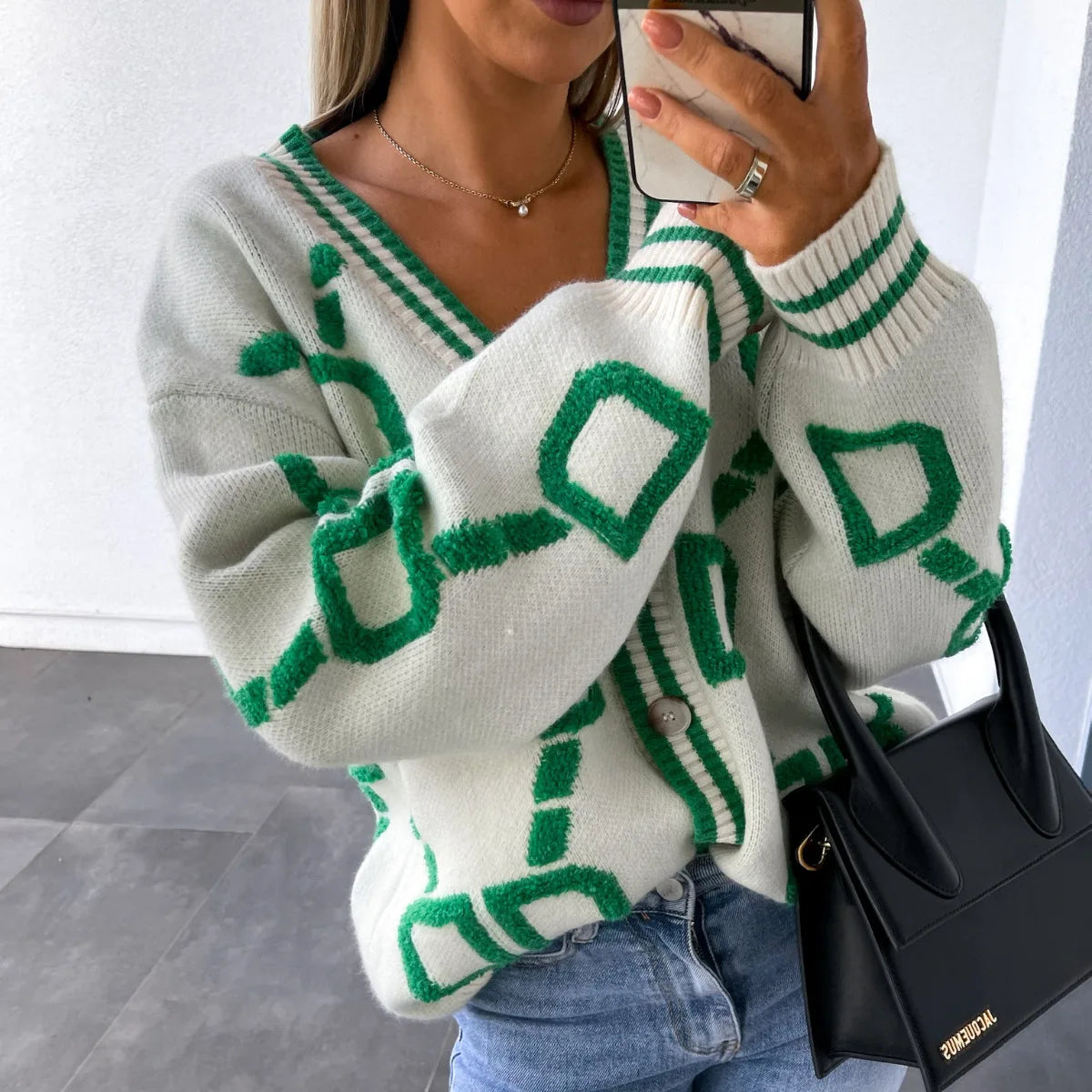KK Jacquard Knitted Coat V-neck