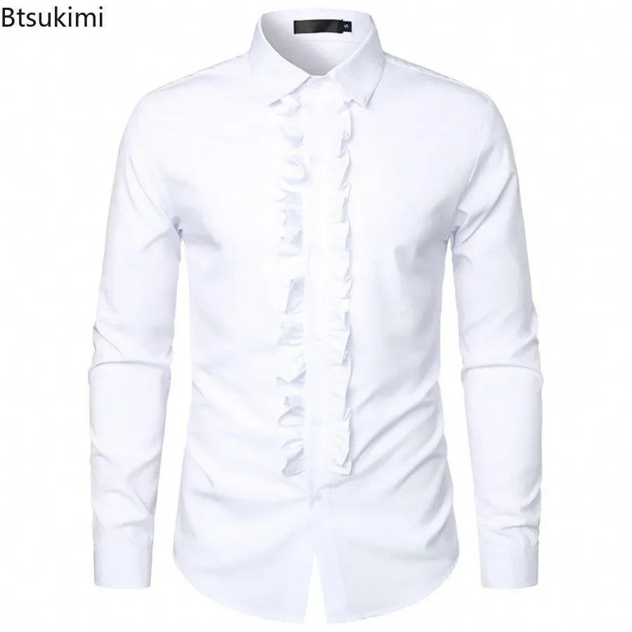 New 2025 Men's Long Sleeve Tuxedo Shirts Fashion Party Wedding Male Dress Shirts Ruffle Pleated Design Solid Shirt Chemise Homme