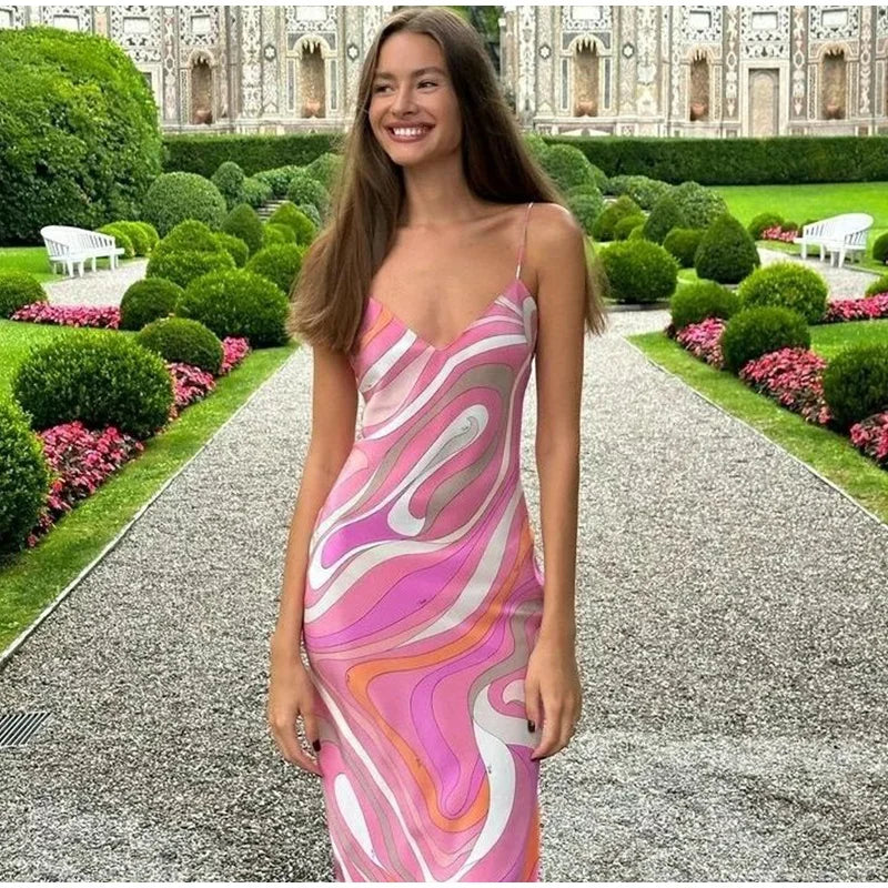 KK Chic Print Sling Long Dress