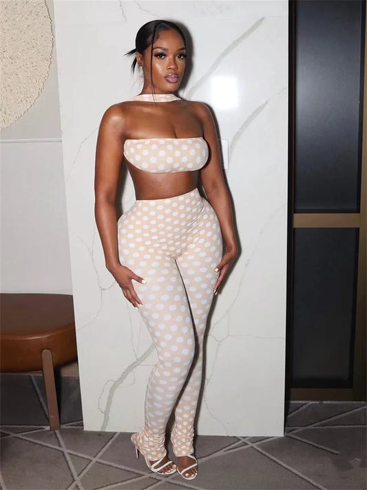 Weird Puss Hottie Polka Dot 2-Piece Set Women Halter Chest Wrapped Backless Top+Ruched Peach Hip Pants Stretch Skinny Clubwear