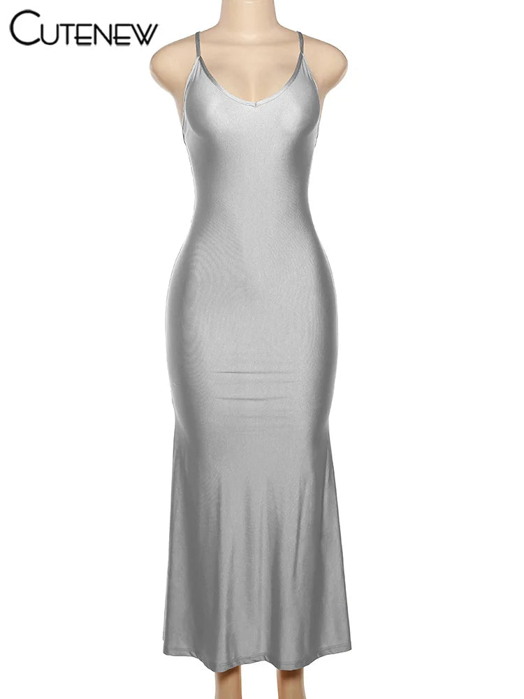 Nibber Red Shiny Spaghetti Strap Maxi Dress Women Solid Sexy Backless Ruched Cleavage Body-shaping Robe Lady Hipster Streetwear