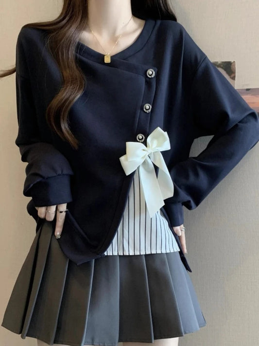 Spring And Autumn Sweatshirt For Women Bow Aesthetic Long Sleeve Korean Fashion Matching Cotton Emo Splicing Woman Pullover Tops