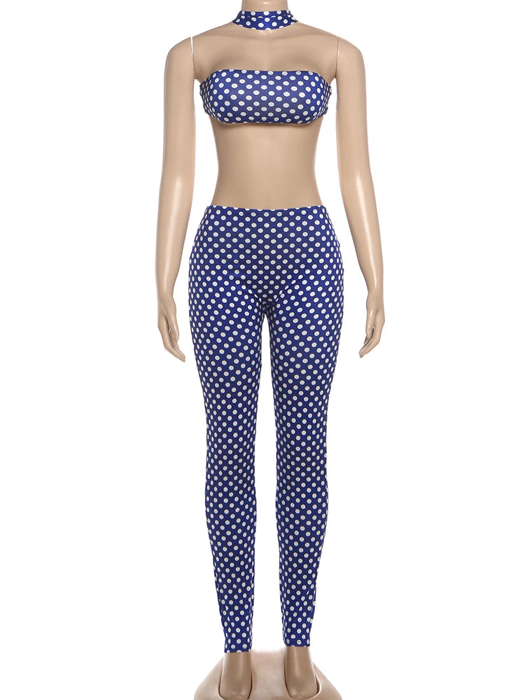 Weird Puss Hottie Polka Dot 2-Piece Set Women Halter Chest Wrapped Backless Top+Ruched Peach Hip Pants Stretch Skinny Clubwear