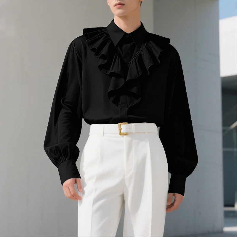 INCERUN Unisex Shirt Solid Color Ruffle Lapel Long Sleeve Casual Unisex Clothing Loose Elegant Streetwear 2025 Fashion Male Shirts