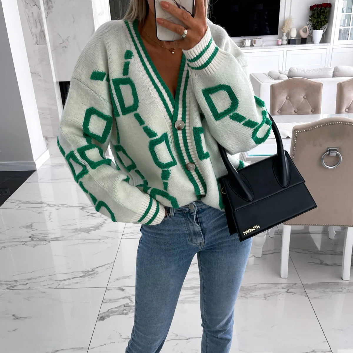 KK Jacquard Knitted Coat V-neck