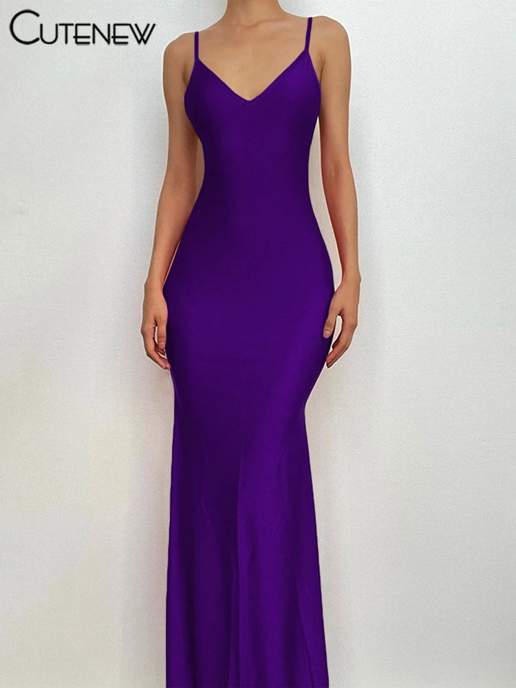 Nibber Red Shiny Spaghetti Strap Maxi Dress Women Solid Sexy Backless Ruched Cleavage Body-shaping Robe Lady Hipster Streetwear