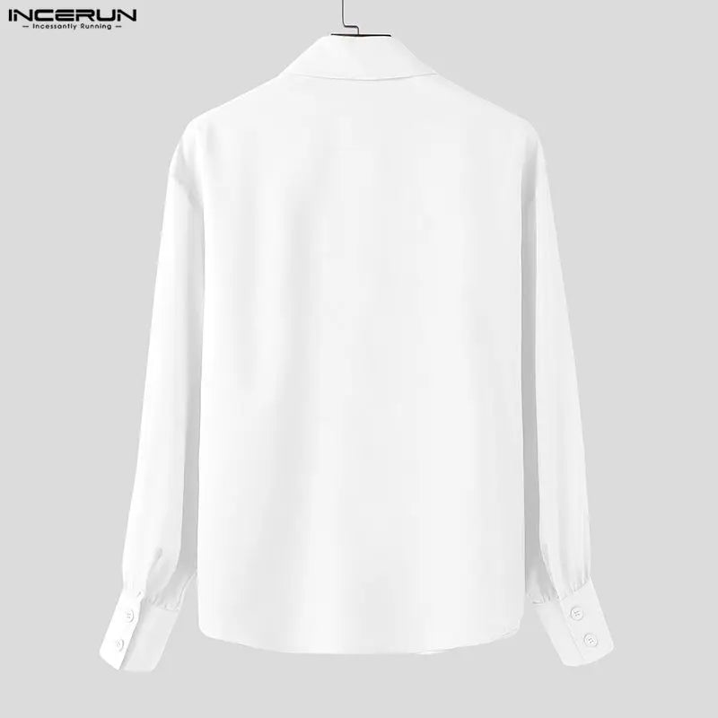 INCERUN Unisex Shirt Solid Color Ruffle Lapel Long Sleeve Casual Unisex Clothing Loose Elegant Streetwear 2025 Fashion Male Shirts