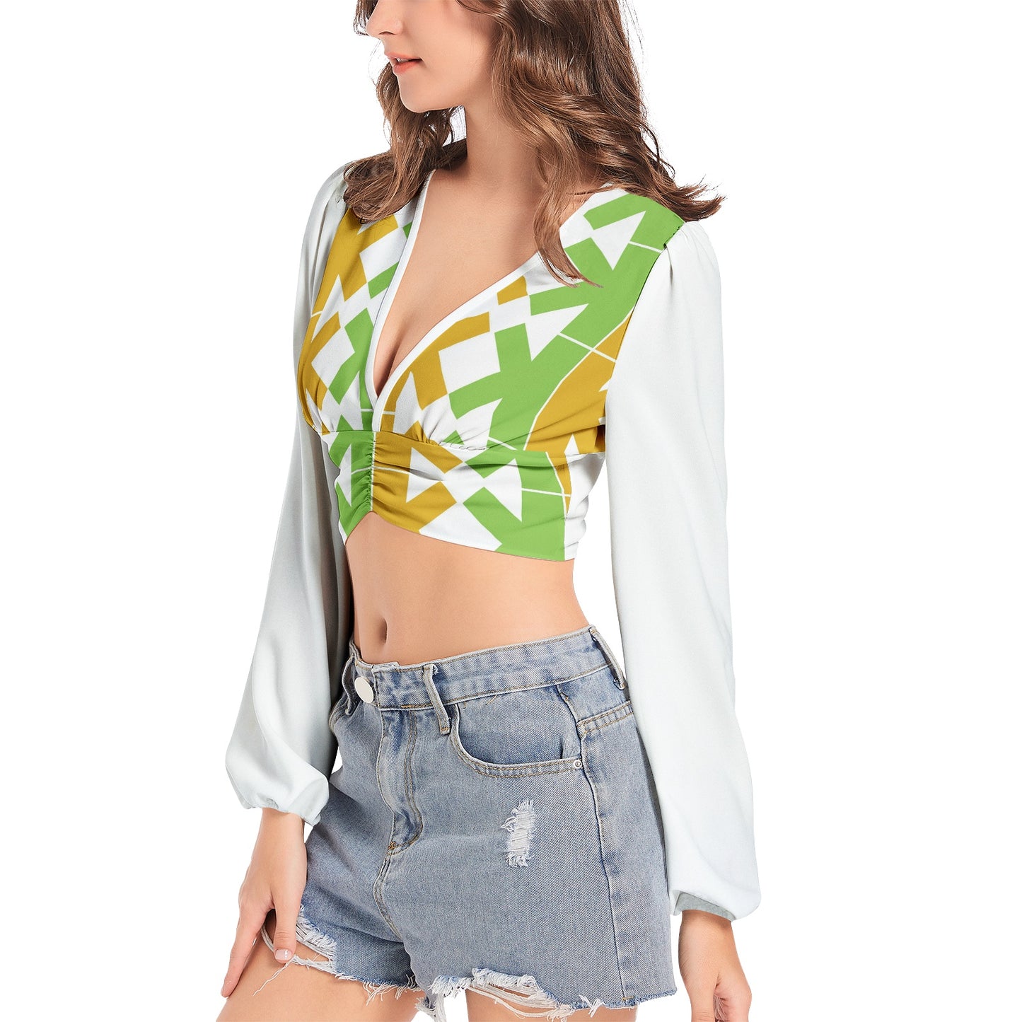 K-K Women's Deep V-Neck Lantern Sleeve Crop Top